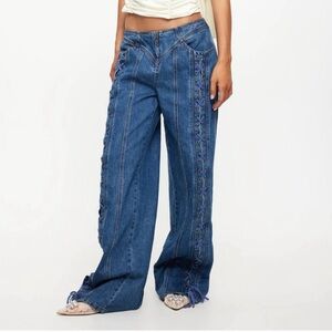 Lioness Daydream Lace Up Low Rise Jeans in Blue | L